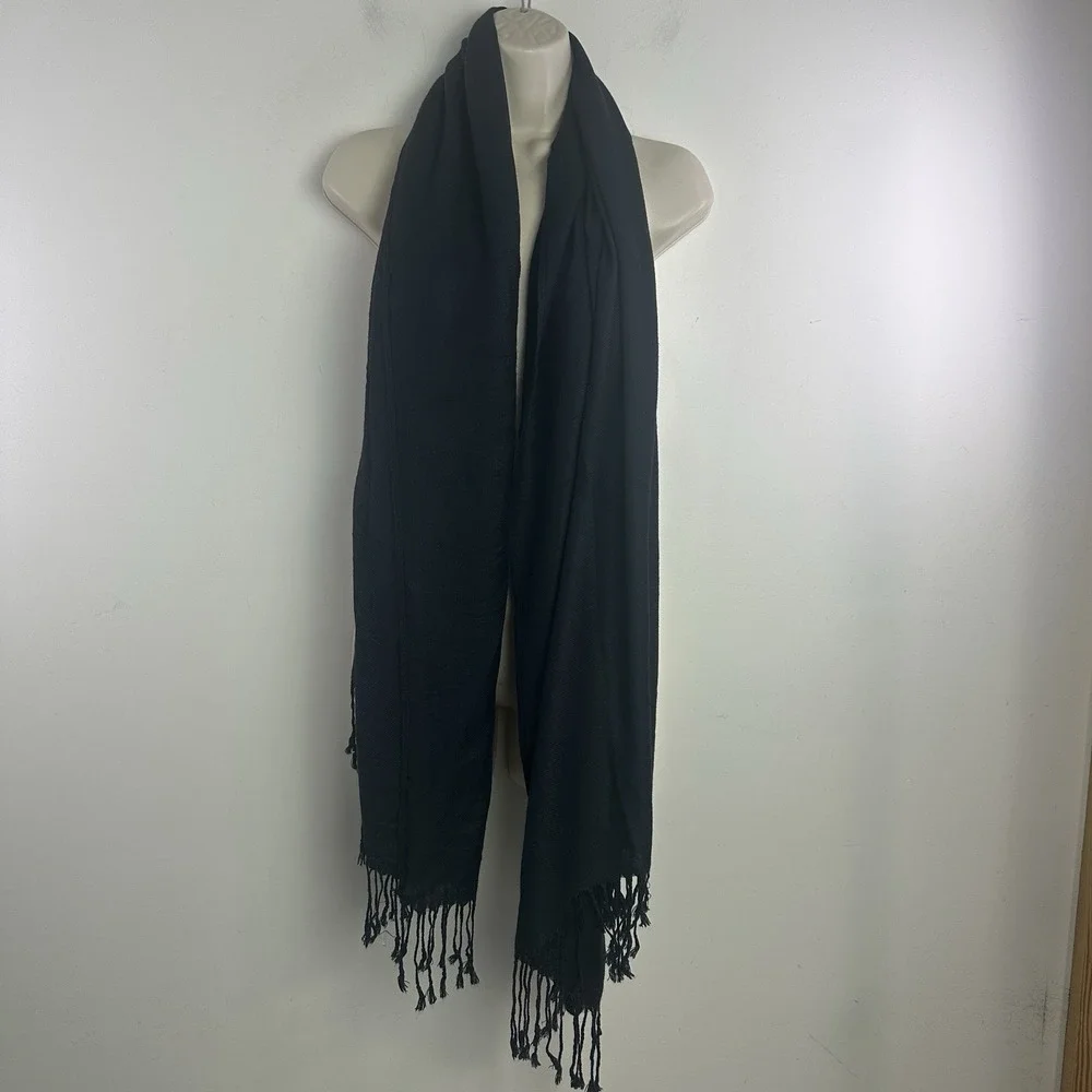 Black Scarf Shawl Pashmina wool/silk fringe